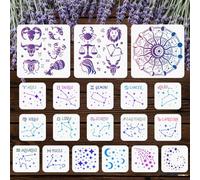 MAYJOYDIY 19 Pcs Constellation Stencil Reusable 12 Constellations Stencil for Painting Stars Moon Planets Drawing Template with Paint Brush for Wall Furniture Paper Canvas Scrapbook Decoration