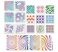 MAYJOYDIY 19Pcs Geometric Texture Stencils 3D Visual Illusion Painting Stencil 5.9~11.7inch Beehive Background Drawing Template with Paint Brush for Craft on Window Wood Wall Home Decor