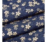 MAYJOYDIY 1m x 1.5m Blue Cotton Fabric Japanese Sakura Quilting Fabric Bundles Gold Cherry Blossoms and Waves Print for Sewing Clothing Bag Tablecloth Sofa Pillow DIY Craft