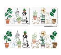 MAYJOYDIY 2 Pcs Cartoon Dogs Stencils Potted Plant Painting Stencil 11.7×8.3 inch Line Art Animals Drawing Template with Paint Brush for Craft on Window Wood Wall Home Decor