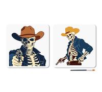 MAYJOYDIY 2 Pcs Cowboy Skeleton Stencil Reusable Western Attire Skull Stencil for Painting 11.8x11.8 Inch Revolver Drawing Template with Paint Brush for Wall Furniture Canvas Scrapbook Decoration