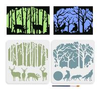 MAYJOYDIY 2 Pcs Forest Animals Stencil 30×30cm Deer Wolf Reusable Painting Stencils Moonlight Tree Wildlife Drawing Template with Paint Brush for Clothes Shirt Wall Paper Wood Home Decoration