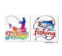 MAYJOYDIY 2 Pcs Human Fishing Stencil Reusable Fish With Hook And Line Stencil for Painting 11.8x11.8 Inch Fishing Text Drawing Template with Paint Brush for Wall Furniture Canvas Scrapbook Decoration