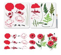 MAYJOYDIY 2 PCS Layered Poppy Flower Stencils 30x30cm Coquelicot Wildflower Plant Reusable Drawing Template with Paint Brush for Wood Furniture Wall Fabric DIY Scrapbook Album