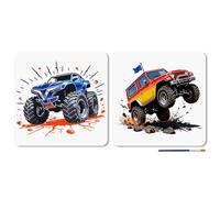 MAYJOYDIY 2 Pcs Monster Truck Stencils Reusable Vehicle Stencil for Painting 30x30cm Off-Road Car Drawing Template with Paint Brush for Wall Furniture Canvas Scrapbook Decoration