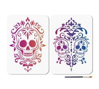 MAYJOYDIY 2 Pcs Skull Flower Stencils Reusable Mexican Sugar Skull Stencil for Painting 21×29.7cm Scary Skeleton Drawing Templates with Paint Brush for Wall Floor Wood Paper Decoration
