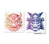MAYJOYDIY 2 Styles Swordsman Stencils Reusable Drawing Template with Paint Brush Japanese Style Samurai 30x30cm for Home Decoration Wood Wall Canvas Furniture
