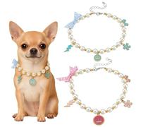 MAYJOYDIY 2Pcs 2 Styles Pet Pearl Collars 10.23 inch/26cm Dog or Cat Pearl Necklace with Alloy Enamel Lightning Bolt/Bowknot Charm Pendant for Pet Puppy Kitten Party Wedding Birthday