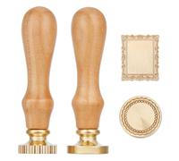 MAYJOYDIY 2Pcs 27.5mm Square Ornate Baroque Frame Wax Seal Stamp 25.5mm Round Beaded Edge Frame Removable Sealing Stamp with Brass Head Wooden Handle for Envelopes Cards Invitation Gift Packing