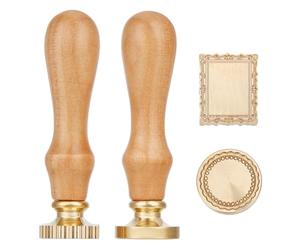 MAYJOYDIY 2Pcs 27.5mm Square Ornate Baroque Frame Wax Seal Stamp 25.5mm Round Beaded Edge Frame Removable Sealing Stamp with Brass Head Wooden Handle for Envelopes Cards Invitation Gift Packing