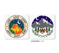 MAYJOYDIY 2Pcs Camping Theme Painting Templates 11.8x11.8 inch Forest Mountain Nature Stencil Outdoor Camp Life with Paint Brush for Floor Wall Fabric Furniture Decor