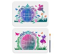MAYJOYDIY 2pcs Fairy Door Stencils, 29.7×21cm, Dreamy Butterfly, Mushroom, Flower & Grass Reusable Drawing Template for Wall, Furniture, Wood, Canvas & Home Decor Art Crafts