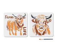 MAYJOYDIY 2Pcs Highland Cattle Stencils Farm Animal Highland Cow Head Stencils 11.8×11.8inch Reusable Farm Life Farmhouse Templates with Paint Brush for Wood Wall Window DIY Craft