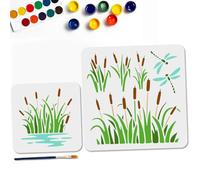 MAYJOYDIY 2Pcs Nature Plant Stencil Set, 30×30cm/20×20cm Reusable Grass Dragonfly Painting Templates, Bush & Reflection Design Craft Stencils Includes Brush for Wood Wall Window Decor