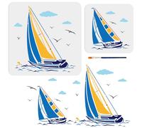 MAYJOYDIY 2pcs Ocean Sailing Boat Stencil 20×20/30×30cm Nautical Sailboat Stencils with Paint Brush Summer Sea Wave Seagull Fish Cloud Drawing Template for DIY Craft Furniture Wood Canvas