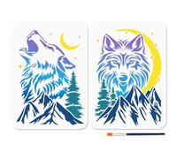 MAYJOYDIY 2Pcs Wolf Landscape Stencils: Howling Wolf Moon Tree Templates, 11.7x8.3inch, Reusable Animal Stencils with Paint Brush for Wood Wall Window DIY Craft Home Decor