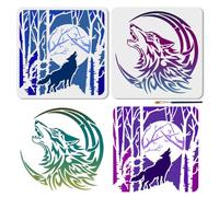MAYJOYDIY 2Pcs Wolf Moon Stencil Reusable Howling Wolf Stencil for Painting 11.8x11.8 Inch Forest Tree Drawing Template with Paint Brush for Wall Furniture Canvas Scrap