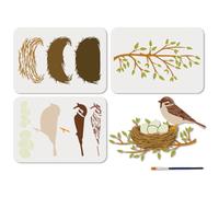 MAYJOYDIY 3 Pcs Layered Bird Stencil Reusable Birds' Nest and Eggs Stencils for Painting 21×29.7cm Branch Drawing Templates with Paint Brush for Wall Floor Wood Paper Decoration