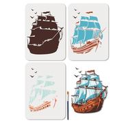 MAYJOYDIY 3 Pcs Layered Sailboat Stencils Reusable Nautical Ship Stencils for Painting 21×29.7cm Sea Ocean Drawing Templates with Paint Brush for Wall Wood Canvas Paper Decoration