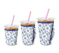 MAYJOYDIY 3 Sizes Blue Bird Floral Iced Coffee Sleeve Roses and Branches Insulated Neoprene Cup Sleeve Flowers Coffee Coolies Covers Cold Beverage Cooler Compatible for 16-32oz Hot and Cold Drinks
