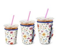 MAYJOYDIY 3 Sizes Boho Floral Iced Coffee Sleeve Colorful Flowers Leaves Insulated Neoprene Cup Sleeve Coffee Coolies Covers Cold Beverage Cooler Compatible for 16-32oz Hot and Cold Drinks