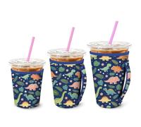 MAYJOYDIY 3 Sizes Dinosaurs Tropical Leaves Reusable Iced Coffee Sleeve Brachiosaurus Triceratops Insulated Neoprene Cup Sleeve Small Flower Coffee Coolies Covers for 16-32oz Hot and Cold Drinks