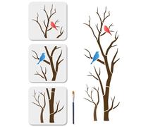 MAYJOYDIY 3 Styles Branches Birds Stencils, 20x20cm, Reusable Animal & Tree Painting Templates with Paint Brush for Window Wood Wall Home Decor DIY Crafts