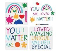 MAYJOYDIY 3pcs Inspirational Word Stencils Motivational Stencils You are Loved Unique Reusable Rainbow Heart Flower Template 30×30cm with Paint Brush for DIY Drawing Craft