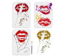 MAYJOYDIY 3pcs Lips Butterfly Fingers Stencils 29.7×21cm Large Kiss Lips DIY Stencil with Paint Brush Reusable Red Lip Lipstick Mouth Template for Wood Canvas Fabric Wall Furniture Decor