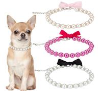 MAYJOYDIY 3Pcs Rhinestones & Pearl Dog Cat Collar, 25cm Adjustable Glitter Pet Necklace with Bow, 3 Colors Animal Pearl Collar for Small Puppy Kitten Wedding Birthday Party Photo Festival