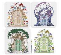 MAYJOYDIY 3pcs Tree Door Stencils 30×30cm Large Tree House Stencil with Paint Brush Reusable Mushroom Branch Tree of Life Drawing Stencils for Wood Canvas Fabric Wall Furniture Decor