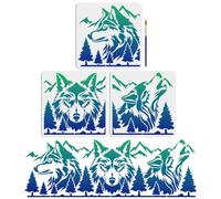 MAYJOYDIY 3pcs Wolf Mountain Forest Stencil 84×28cm Splicing Large Forest Wildlife Animal Stencils with Paint Brush Mountain Pine Tree 30×30cm Drawing Template for Craft Furniture Wall