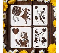 MAYJOYDIY 4 Pcs Balloon Figure Stencil Reusable Balloon Stencil for Painting Texture Drawing Template with Paint Brush for Wall Furniture Canvas Scrapbook Decoration