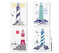 MAYJOYDIY 4 Pcs Coast Lighthouse Stencils Reusable Reef Sea Wave Stencil for Painting 11.7×8.3Inch Sun Cloud Birds Drawing Template with Paint Brush for Wall Furniture Canvas Decoration