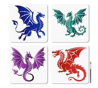 MAYJOYDIY 4 Pcs Dragon Painting Stencil 30x30cm Reusable Wing Dragon Template Durable Flexible DIY Art Craft Stencil with Paint Brush for Wood Wall Fabric Furniture