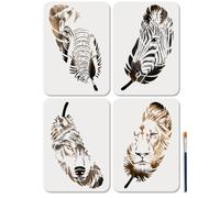 MAYJOYDIY 4 Pcs Feather Animal Face Stencils Reusable Elephant Stencil for Painting 11.7×8.3 Inch Zebra Drawing Template with Paint Brush for Wall Furniture Canvas Scrapbook Decoration