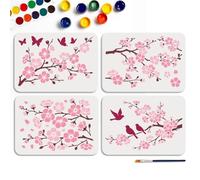 MAYJOYDIY 4 Pcs Flower Stencils Reusable Cherry Blossoms Stencil for Painting 11.7×8.3 Inch Butterfly Birds Drawing Template with Paint Brush for Wall Furniture Canvas Scrapbook Decoration