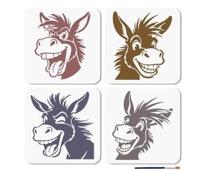 MAYJOYDIY 4 Pcs Goofy Donkey Stencils Reusable Cute Donkey Stencil for Painting 7.9×7.9 Inch Animal Drawing Template with Paint Brush for Wall Furniture Canvas Scrapbook Decoration