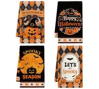 MAYJOYDIY 4 Pcs Halloween Pumpkin Bat Kitchen Towels 26x17.7Inch Witch Hat Pine Cone Hand Dish Towels Let's Get Spooky Text Fast Drying Dish Cloth for Cooking Bathroom Kitchen Decor Housewarming Gift