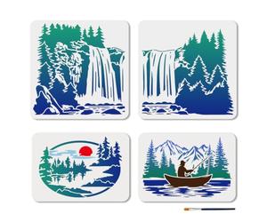 MAYJOYDIY 4 Pcs Mountain Landscape Stencils Forest Waterfall Painting Stencil 11.7~11.8x8.3~11.8inch Reusable Sunset Fisherman in Canoe Drawing Template with Paint Brush for Wood Wall Home Decor