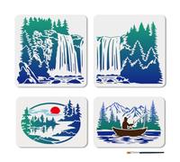 MAYJOYDIY 4 Pcs Mountain Landscape Stencils Forest Waterfall Painting Stencil 29.7~30x21~30cm Reusable Sunset Fisherman in Canoe Drawing Template with Paint Brush for Wood Wall Home Decor