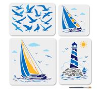 MAYJOYDIY 4 Pcs Sailboat Seagull Stencils Reusable Lighthouse Stencil for Painting 20~30cm Sea Mew Drawing Template with Paint Brush for Wall Furniture Paper Canvas Scrapbook Decoration