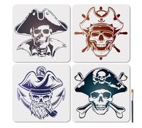 MAYJOYDIY 4 Pcs Skull Captain Stencil Reusable Nautical Adventure Stencils for Painting 30x30cm Ocean Pirate Ship Drawing Templates with Paint Brush for Wall Floor Wood Paper Decoration