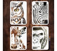 MAYJOYDIY 4 Pcs Wild Animal Stencils Reusable Owl Zebra Half Face Stencil for Painting 29.7x21cm Giraffe Gorilla Head Drawing Template with Paint Brush for Wall Furniture Canvas Home Decoration