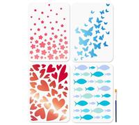MAYJOYDIY 4Pcs A4 Butterfly Heart Background Stencil Set, 29.7×21cm Reusable Flower Petal Painting Templates, Cartoon Fish Stencils with Paint Brush for Window Wood Wall Home Gift Decoration