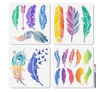 MAYJOYDIY 4Pcs Boho Feather Stencil Peacock Feather Art Craft Stencils 30×30cm Reusable Love Arrow Template Set for Painting on Wood Furniture Canvas Wall Paper Decor