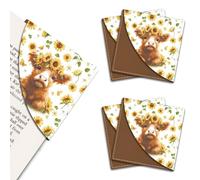 MAYJOYDIY 4Pcs Calf Sunflower Wreath Corner Bookmarks Green Leaves Book Page Markers 9×9cm Highland Cattle Animal Leather Book Accessories for Students Teachers Reading Lovers Cup Mat
