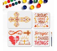 MAYJOYDIY 4Pcs Christian Theme Painting Stencils Patterned Cross Stencil 29.7×21cm/20×20cm with Paint Brush Book Prayer Text Reusable Art Templates for Wood Window DIY Craft Photo Album