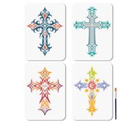 MAYJOYDIY 4Pcs Cross Stencil Reusable Cross Celtic Stencil for Painting 29.7×21cm Drawing Template with Paint Brush for Wall Furniture Canvas Scrapbook Decoration
