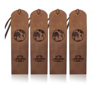 MAYJOYDIY 4pcs Earth Adventure Genuine Leather Bookmarks 5×18cm Let The Adventure Begin Global Travel Theme Cowhide Bookmarks Handmade Page Markers for Book Lovers Readers Writers Accessories Gifts